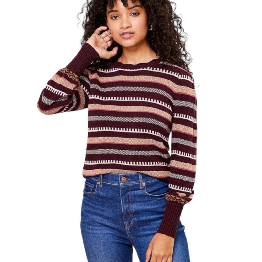 LOFT Scalloped Striped Metallic Maroon Sweater size XS